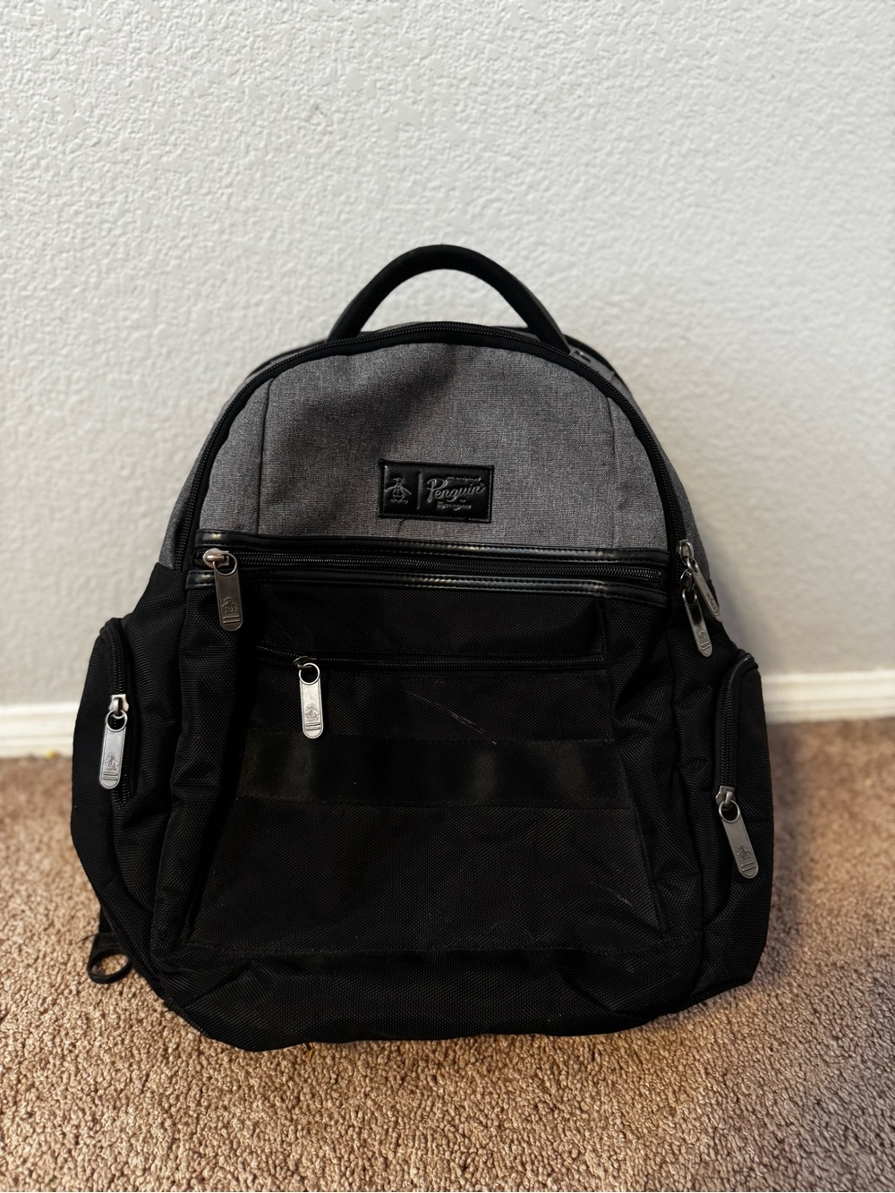 Original Penguin Black and Gray Men's Backpack with Multiple Zip Pockets